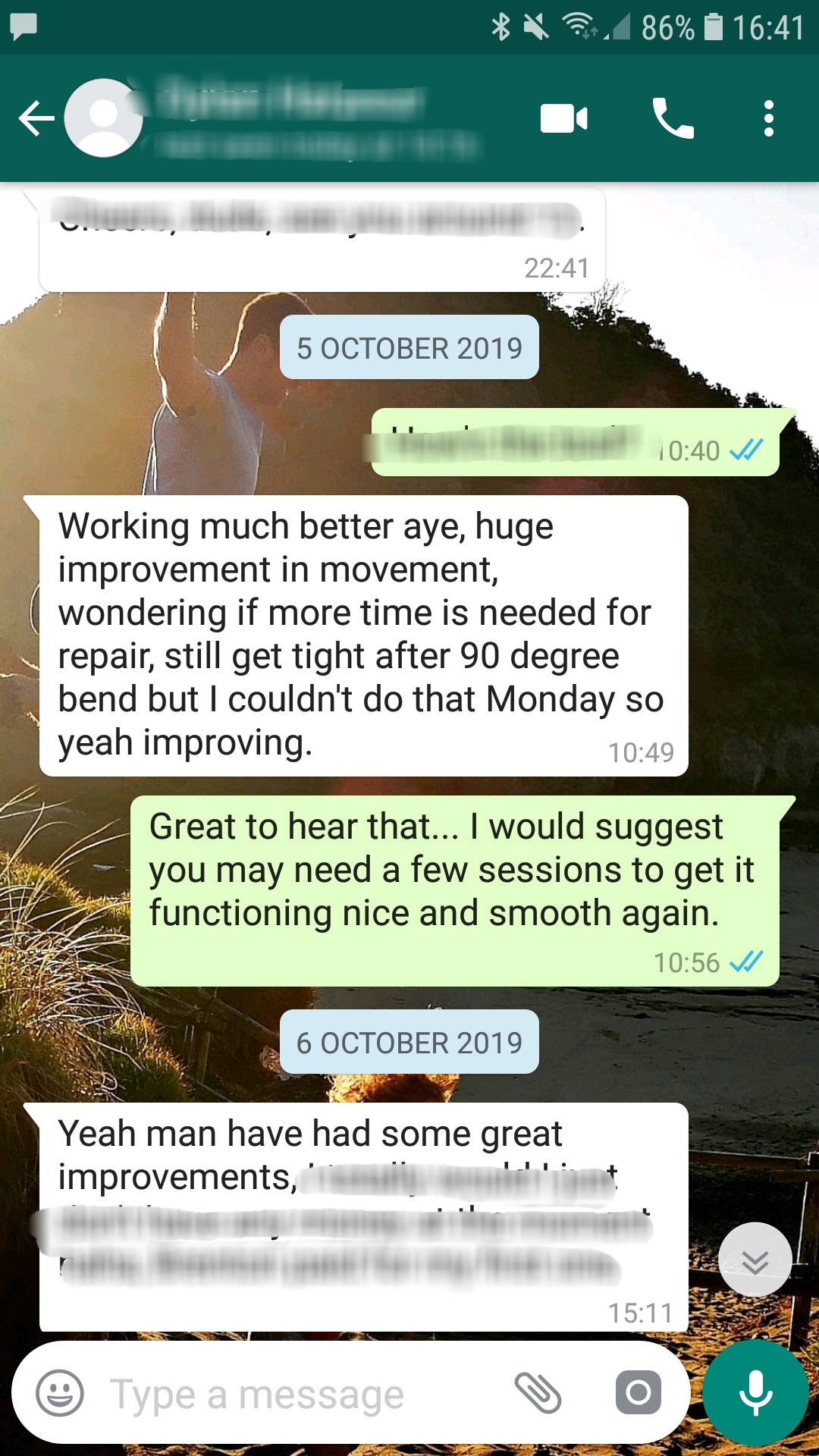 screenshot testimonial from my session on knee pain